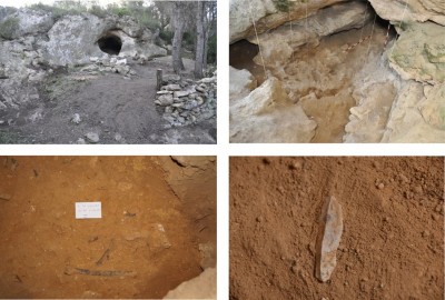 Figure 2. Views of the Cova Foradada and <i>in situ</i> finds.